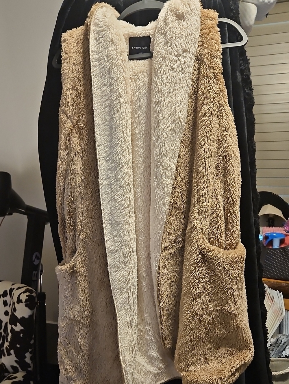 Active USA Plush Open-Front Hooded Cardigan in Tan and Cream